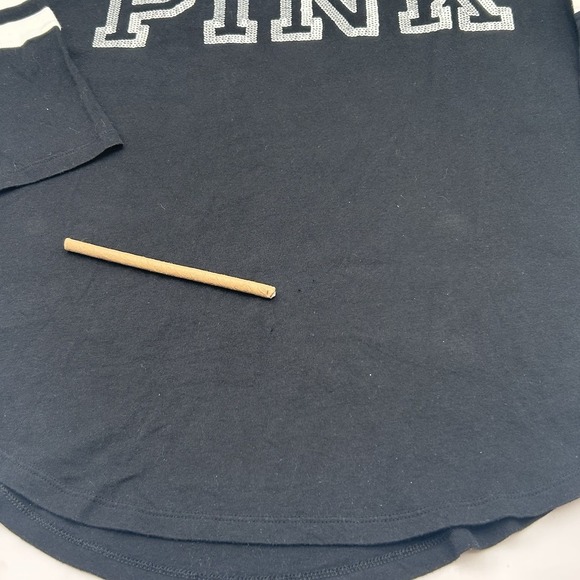 Victoria's Secret PINK Black Crew Neck 3/4 Sleeves Bling Sequin Logo T-Shirt Med - Picture 7 of 14